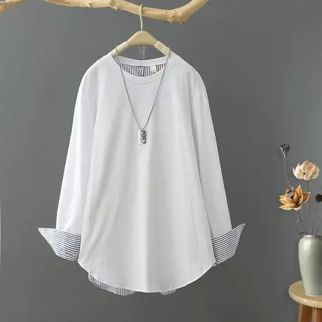 2023春季新款韩范设计感圆领长袖t恤女条纹拼接小众打底衫上衣潮图片