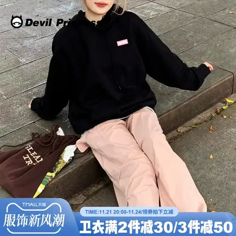 chic甜系学院风减龄黑色卫衣女宽松韩版休闲简约秋季薄款帽衫上衣图片