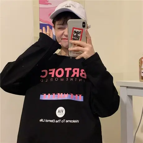 红续~2023春装新款港风ins字母百搭盐系宽松bf长袖T恤女卫衣套头商品大图