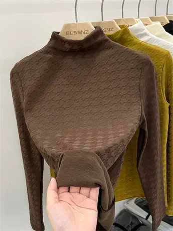 半高领加绒打底衫女秋冬内搭新款提花别致修身保暖上衣长袖t恤女商品大图