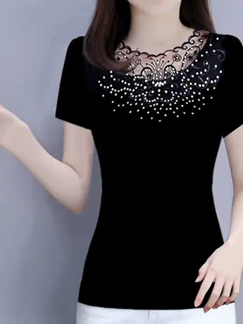 中年妈妈短袖t恤女夏薄款修身时尚上衣大码显瘦遮肚圆领蕾丝体恤商品大图