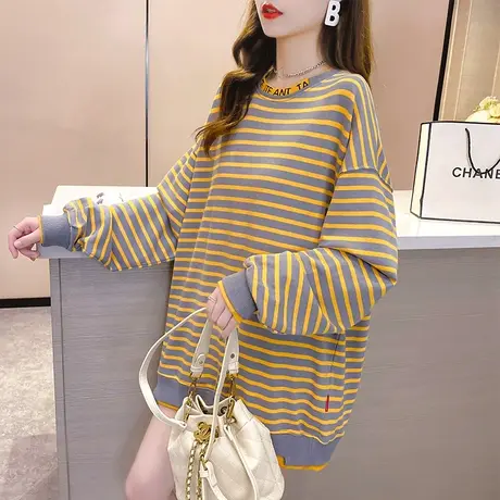 早秋卫衣女春秋季韩版宽松中长款薄款ins休闲条纹外套连衣裙子潮图片