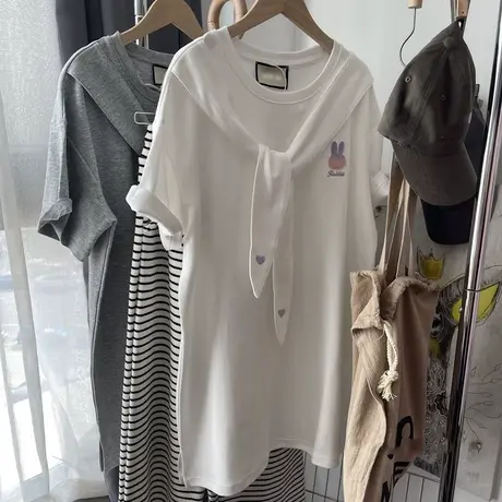 中长款短袖T恤女夏季宽松大码韩版百搭显瘦小众别致chic上衣半袖商品大图