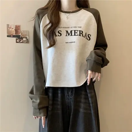 ins超火撞色插肩长袖卫衣女春秋薄款宽松百搭小个子短款潮牌上衣商品大图