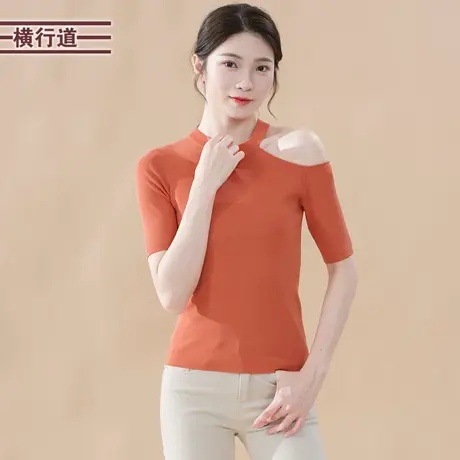 针织短袖女春季2024新款夏装韩版露肩五分袖修身纯色圆领中袖上衣商品大图