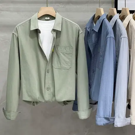 日系重磅长袖衬衫男秋季宽松高级感纯棉美式纯色白色翻领衬衣外套商品大图