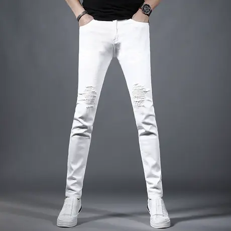 高街破洞牛仔裤男白色修身小脚弹力百搭2023夏季新款潮牌男士裤子商品大图