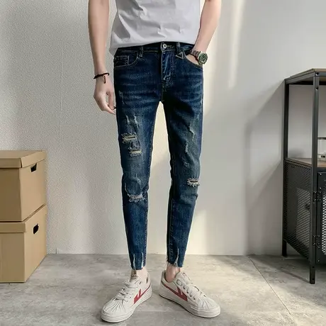 艾堡尼春夏新品2023韩版潮牌做旧破洞修身小脚裤弹力九分牛仔裤男商品大图