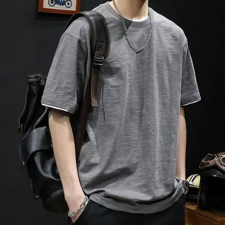 重磅短袖t恤男士半袖上衣潮牌大码男装2024新款男款假两件体恤潮商品大图