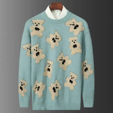 秋冬季提花卡通小熊圆领套头大衣内搭毛衣男士2024新款打底针织衫商品大图