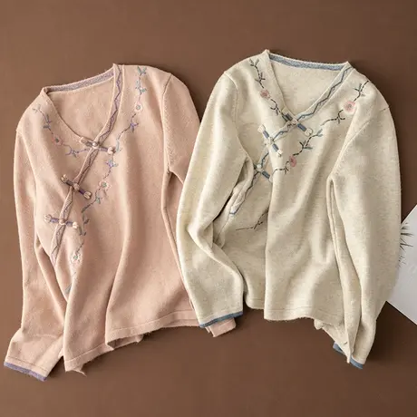 享永子【新中式艺术】V领刺绣套头针织衫女文艺复古减龄毛衣外套商品大图