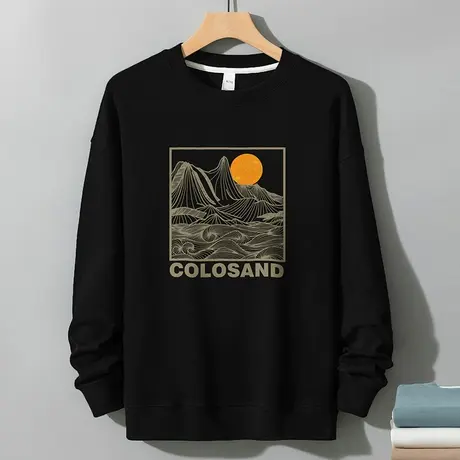 350g重磅黑色卫衣男2024新款秋冬季美式潮流宽松无帽圆领长袖t恤商品大图