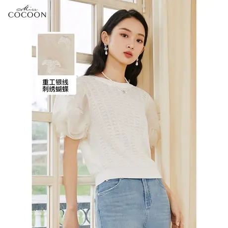 miss COCOON法式泡泡袖针织衫女2023夏装新款轻熟风气质短袖上衣商品大图
