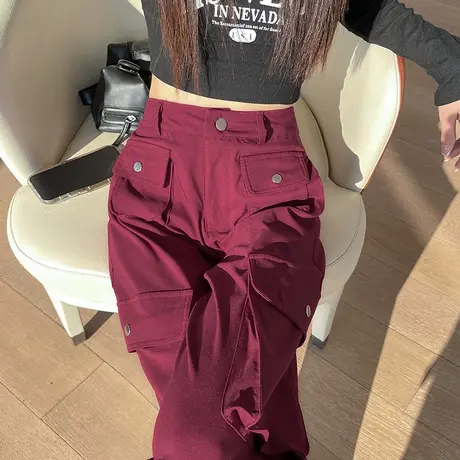 红色美式工装裤女2023春秋新款高腰显瘦辣妹多口袋休闲宽松阔腿裤商品大图