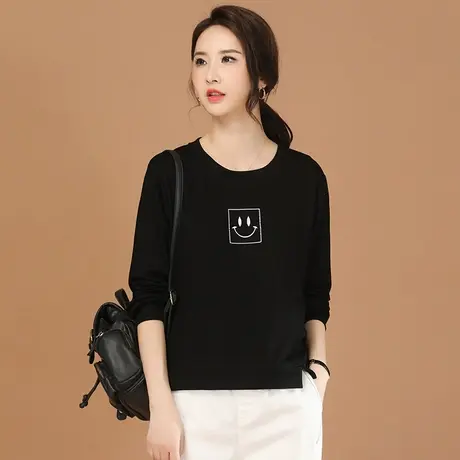 韩潮袭人圆领刺绣黑色长袖卫衣女2024春新款内搭T恤休闲打底衫图片