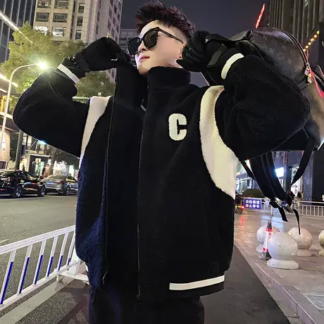 美式潮牌撞色刺绣字母加厚摇粒绒棉衣外套男冬季羊羔毛学生棉服图片