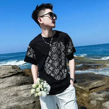 短袖上衣男夏季新款小众设计拼接花色高级感潮流休闲宽松半袖t恤商品大图