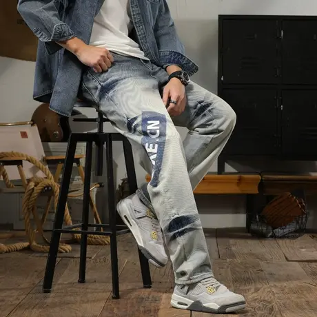 美式高街牛仔裤男款百搭水洗高端牛仔裤直筒宽松男士休闲牛仔裤商品大图