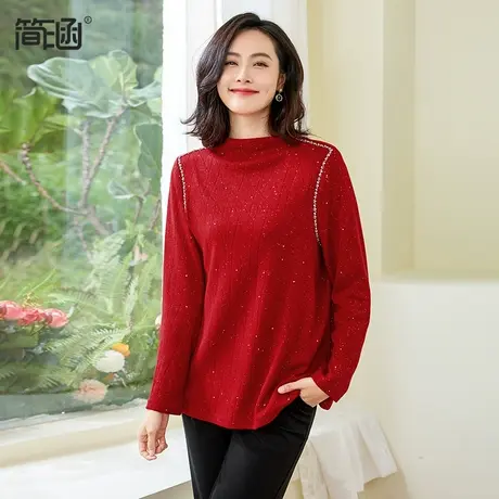 红色毛衣简涵大码秋冬新款半高领打底衫宽松显瘦上衣商品大图