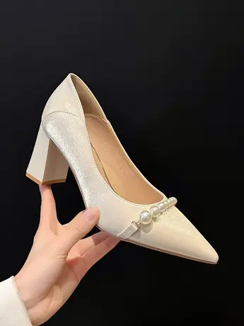 2024年春高跟鞋女粗跟单鞋女白色旗袍鞋伴娘鞋女日常婚鞋女新娘鞋图片