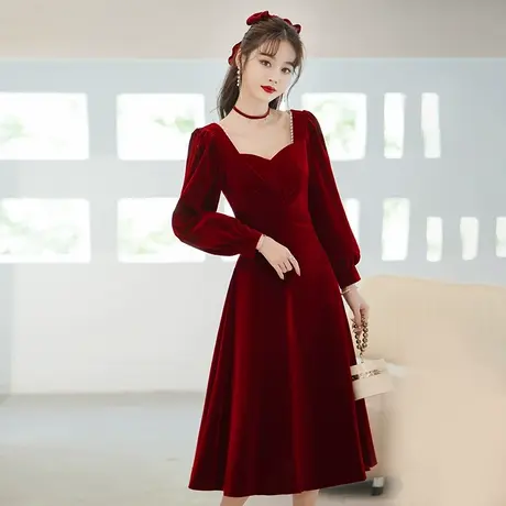 敬酒服新娘红色丝绒长袖惊艳红裙结婚订婚礼服冬季平时可穿小个子商品大图