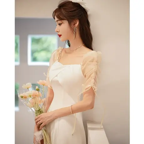 白色小晚礼服女2024新款气质生日宴会年会订婚连衣裙平时可穿方领商品大图