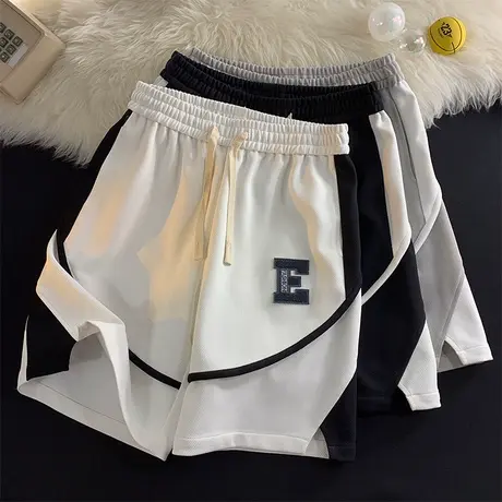 撞色拼接复古休闲短裤男夏季潮牌贴标高街宽松阔腿运动五分裤子5商品大图