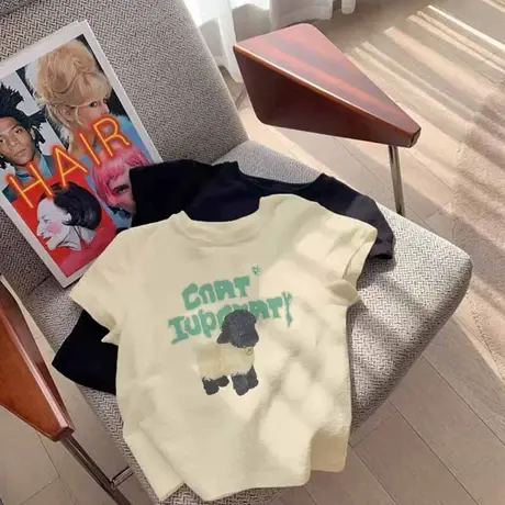 短款洋气卡腰小衫杏色卡通正肩短袖T恤女2024新款ins超火半袖上衣商品大图