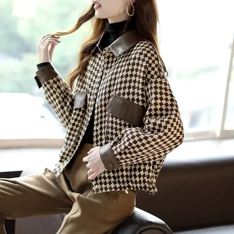 宝诗黎短款宽松针织拼接皮外套早春洋气女装新款2024撞色格子上衣商品大图