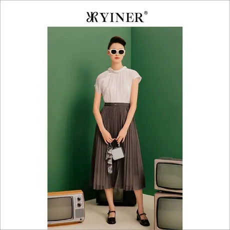 【1996系列】YINER音儿女装夏季优雅钉珠高腰百褶A字连衣裙商品大图