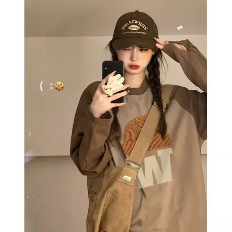 纯棉插肩长袖t恤女秋季2023新款宽松港味chic小众设计感打底上衣商品大图