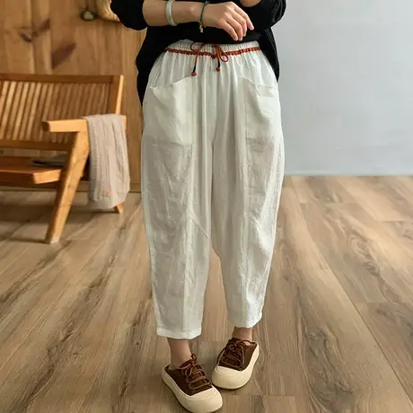 dza 高腰显瘦九分亚麻裤子女春夏新款哈伦裤宽松阔腿直筒棉麻女裤图片