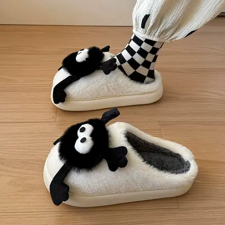 可爱棉拖鞋女秋冬季搞怪小煤球毛绒保暖学生宿舍包头外穿厚底拖鞋图片
