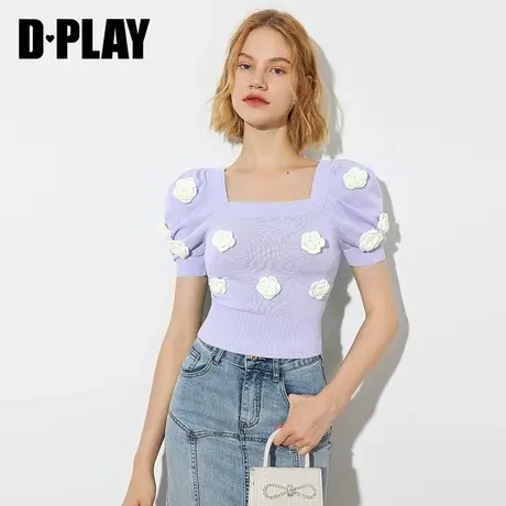 DPLAY2022夏新紫色ins风甜美复古方领泡泡袖小衫图片
