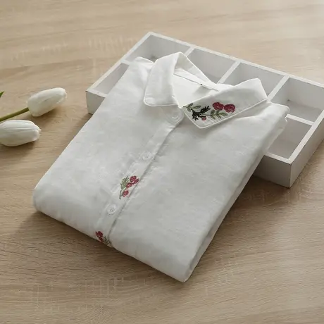 春秋新款日系文艺小清新刺绣花朵双层纱长袖白衬衫女柔软打底上衣商品大图