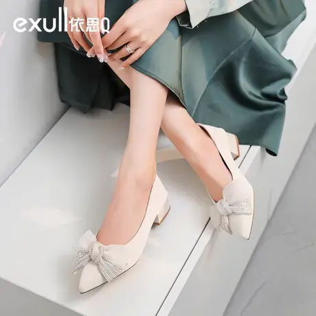 依思q尖头低跟单鞋女2023秋季新款法式蝴蝶结水钻女鞋仙女温柔鞋商品大图