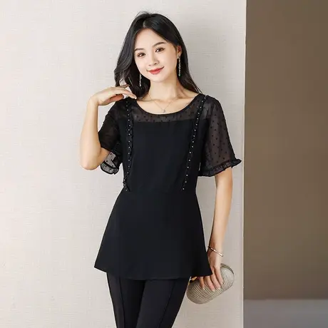 伊自尚2023年新款韩版大码女装夏季时尚拼接收腰显瘦雪纺衫上衣女商品大图