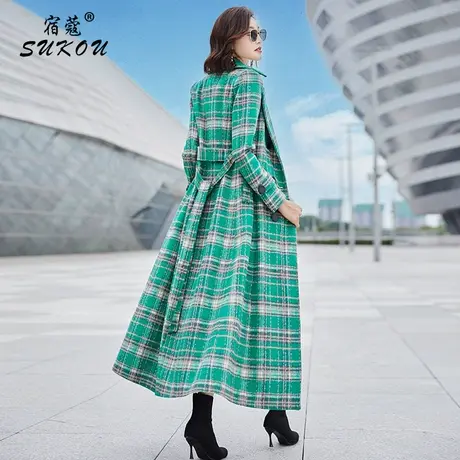 绿色格子大衣女中长款2023新款韩版冬装毛呢高端羊毛修身气质外套商品大图