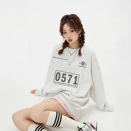 YEP潮牌复古印花卫衣女宽松oversize外套2023新款插肩袖无帽上衣商品大图