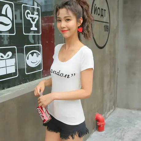 韩版白色大圆领短袖T恤女夏季修身显瘦秋季长袖打底衫简约字母图片