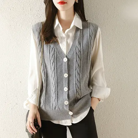 纯色背心针织马甲女士秋装2023新款百搭宽松毛衣马夹V领无袖开衫图片