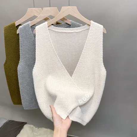 2023韩版时尚设计款针织马甲女百搭无袖毛衣坎肩宽松减龄背心马夹商品大图