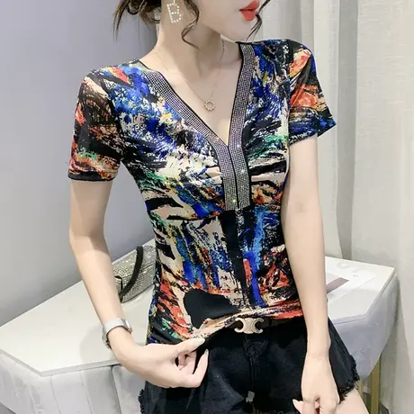 性感V领T恤女短袖夏装2023新款复古印花上衣时尚烫钻显瘦网纱小衫图片