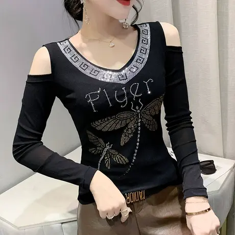 性感V领烫钻T恤女长袖2023春秋新款网纱露肩打底衫内搭修身上衣商品大图