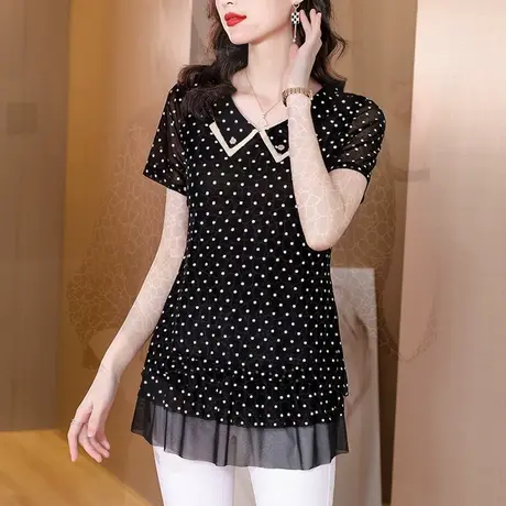 短袖t恤女夏雪纺衫2023新款收腰遮肚子上衣减龄洋气漂亮小衫妈妈图片