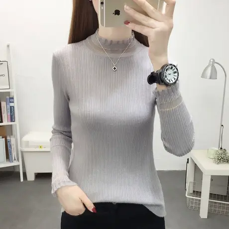 半高领蕾丝拼接修身打底衫女2022年秋季新款洋气内搭长袖女士上衣商品大图