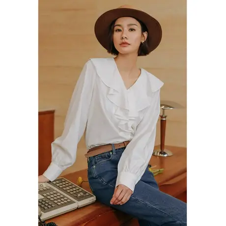 弥古白色法式荷叶领衬衫女2023新款秋季上衣长袖气质v领小众衬衣商品大图