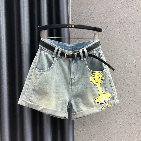 2023夏季新款可爱小鸭子亮片图案宽松显瘦牛仔短裤女卷边阔腿裤潮商品大图