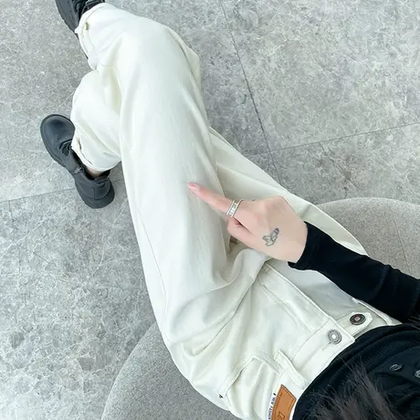 杏色高腰牛仔裤女2023年秋冬新款直筒宽松加绒加厚九分哈伦老爹裤商品大图