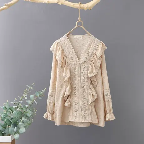 衬衫女设计感小众v领套头长袖短款宽松衬衣文艺刺绣镂空打底上衣图片